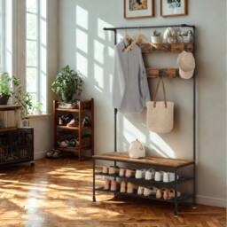 Pirlo Plush Entryway Hall Tree Coat Rack Stand With Shoe Storage & Hooks in Brown