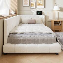 Rolipo 3ft Single Upholstered Bed Beige Boucle Frame 90x190cm - Size: 90x190 cm - thumbnail 6