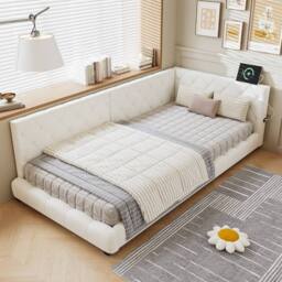 Rolipo 3ft Single Upholstered Bed Beige Boucle Frame 90x190cm - Size: 90x190 cm