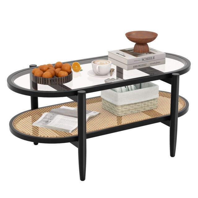 Gymax PE Rattan 2-Tier Coffee Table Wooden Center Table With Glass Tabletop in Black - image 1
