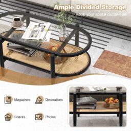 Gymax PE Rattan 2-Tier Coffee Table Wooden Center Table With Glass Tabletop in Black - thumbnail 2