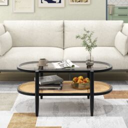 Gymax PE Rattan 2-Tier Coffee Table Wooden Center Table With Glass Tabletop in Black - thumbnail 7
