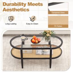 Gymax PE Rattan 2-Tier Coffee Table Wooden Center Table With Glass Tabletop in Black - thumbnail 5