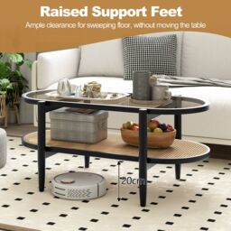 Gymax PE Rattan 2-Tier Coffee Table Wooden Center Table With Glass Tabletop in Black - thumbnail 4