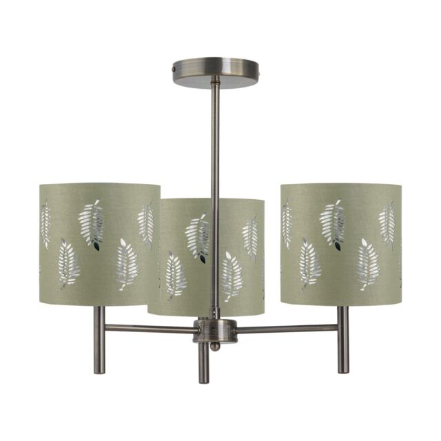 First Choice Lighting Brea - Antique Brass 3 Light Fitting with Sage Green Fern Shades in Gold - image 1