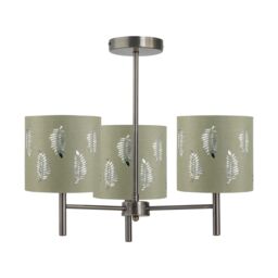First Choice Lighting Brea - Antique Brass 3 Light Fitting with Sage Green Fern Shades in Gold