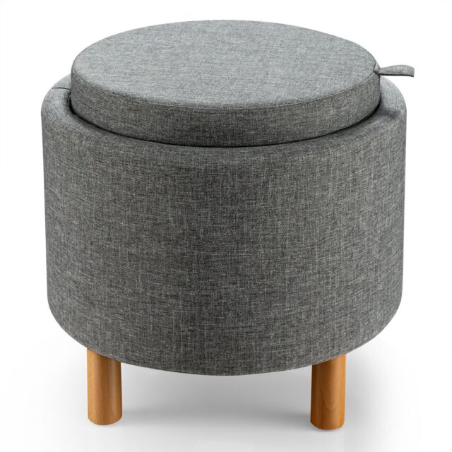 Costway Round Storage Ottoman w/ Tray Accent Fabric Storing Footrest w/ Non-Slip Pads in Grey - image 1