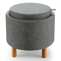 Costway Round Storage Ottoman w/ Tray Accent Fabric Storing Footrest w/ Non-Slip Pads in Grey - thumbnail 1