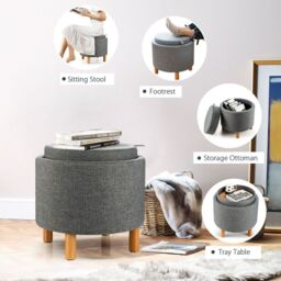 Costway Round Storage Ottoman w/ Tray Accent Fabric Storing Footrest w/ Non-Slip Pads in Grey - thumbnail 6