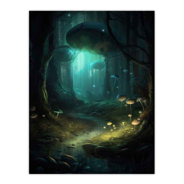 Artery8 Wall Art Print Enchanted Forest w/ Bioluminescent Mushrooms Oil Painting Stream In Moonlit Fantasy Landscape Colourful Magical Nature - image 1