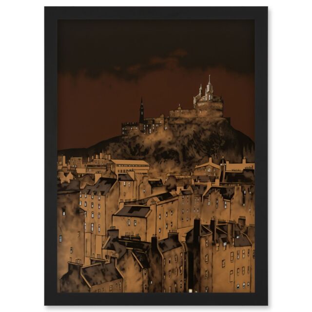 Artery8 Edinburgh Castle Over Old Town Cityscape at Night Artwork Framed Wall Art Print A4 in Black - image 1