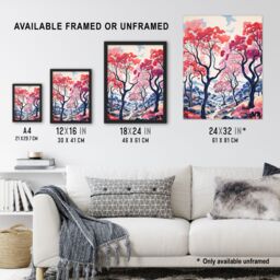 "Artery8 Wall Art Print Autumn Trees Countryside Landscape Pink & Blue Poster Picture - Size: W18"" x H24""" - thumbnail 3