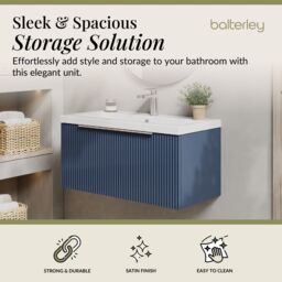 Balterley Fluted Wall Hung 1 Drawer Vanity Basin Unit & Basin 800mm - Satin Blue - thumbnail 2