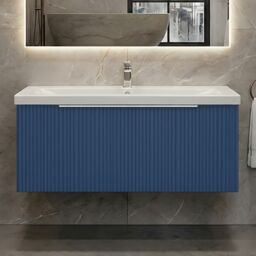 Balterley Fluted Wall Hung 1 Drawer Vanity Basin Unit & Basin 800mm - Satin Blue - thumbnail 9