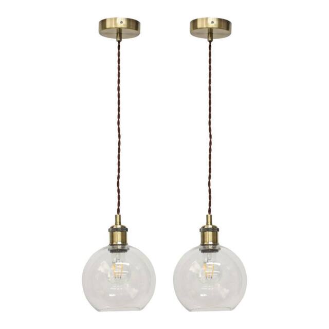 First Choice Lighting Set of 2 Barnum - Clear Glass Globe Antique Brass Retro Pendants - image 1
