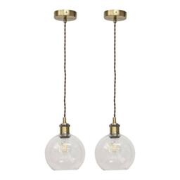 First Choice Lighting Set of 2 Barnum - Clear Glass Globe Antique Brass Retro Pendants - thumbnail 1