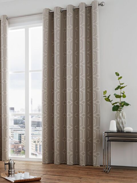 Curtina 'Camberwell' Modern Geo Design Jacquard Eyelet Curtains in Stone - Size: 117 cm width x 137 cm drop - image 1