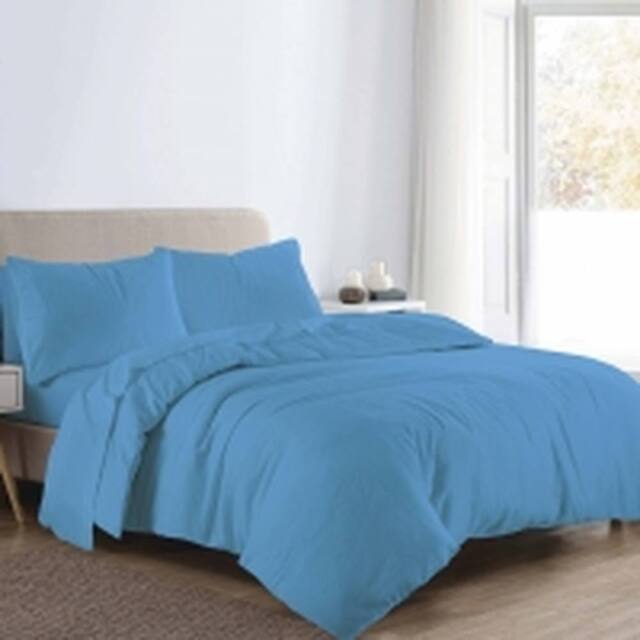Homes-Linen Flannelette Plain Reversible Duvet Cover Set with Pillowcases in Blue - Size: Super King - image 1
