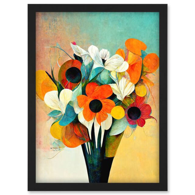 Artery8 Modern Abstract Oil Paint Vibrant Summer Flower Bouquet In Vase Artwork Framed Wall Art Print A4 in Black - image 1
