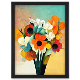 Artery8 Modern Abstract Oil Paint Vibrant Summer Flower Bouquet In Vase Artwork Framed Wall Art Print A4 in Black - thumbnail 1