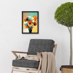 Artery8 Modern Abstract Oil Paint Vibrant Summer Flower Bouquet In Vase Artwork Framed Wall Art Print A4 in Black - thumbnail 2