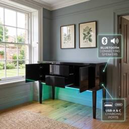 HOME LUXE INTERIOR Aura High Gloss Black Sideboard with LED Light, USB & Bluetooth 120cm - thumbnail 8