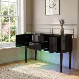 HOME LUXE INTERIOR Aura High Gloss Black Sideboard with LED Light, USB & Bluetooth 120cm - thumbnail 3