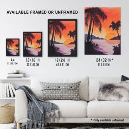 "Artery8 Hawaii Sunset Beach Cove Palm Trees Watercolour Wall Art Print in Orange - Size: W12"" x H16""" - thumbnail 3