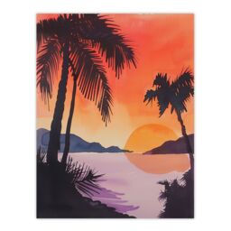 "Artery8 Hawaii Sunset Beach Cove Palm Trees Watercolour Wall Art Print in Orange - Size: W12"" x H16""" - thumbnail 1