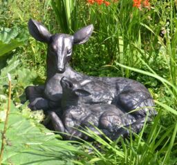 Inspirational Gifting Large Doe & Baby Fawn Laying Deer Garden Ornament Sculpture Hand Crafted in Bronze - thumbnail 1