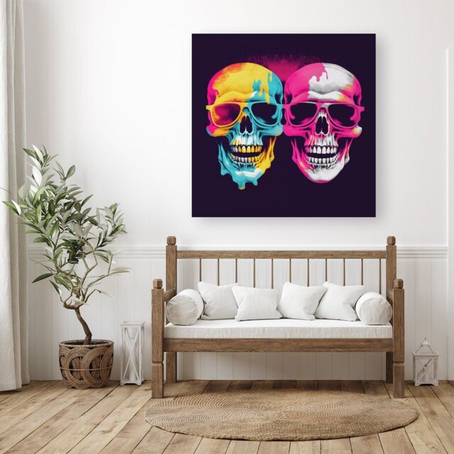 "Warren Reed - Designer Pinks & Blue Happy Skeletons Canvas - Size: W30"" x H30""" - image 1