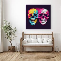 "Warren Reed - Designer Pinks & Blue Happy Skeletons Canvas - Size: W30"" x H30""" - thumbnail 1