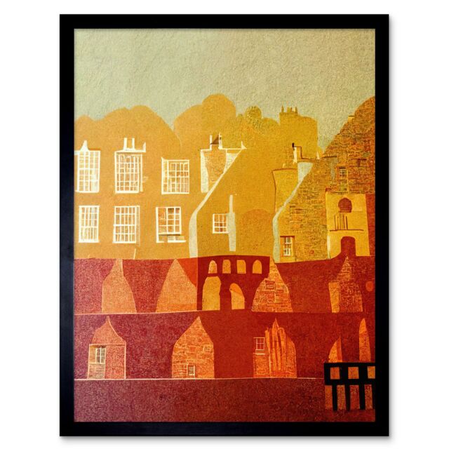 "Artery8 Wall Art Print Vintage Folk Art Mid Century Cityscape Abstract Art Framed in Black - Size: W12"" x H16""" - image 1