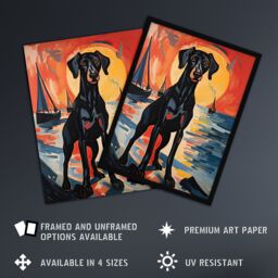 "Artery8 Wall Art Print Black Doberman Dog Artwork Coastal Sunset Seascape Poster Picture - Size: W18"" x H24""" - thumbnail 2
