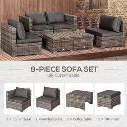 OUTSUNNY 8pc Outdoor Patio Furniture Set Weather Wicker Rattan Sofa Chair in Grey - thumbnail 4