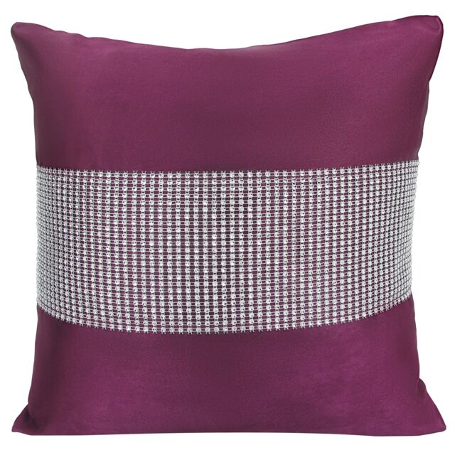 Velosso Embellished Diamonte Detail Cushion, Luxury Zippered Sofa Cushion in Plum - Size: 43 cm x 43 cm