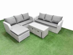 Fimous Outdoor Garden Furniture Sets 9 Seater Wicker Rattan Furniture Sofa Sets with Oblong Coffee Table high Back Lounge Sofa 3 Stools Light Grey - thumbnail 2