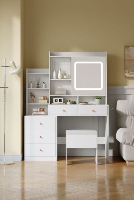 Living and Home Dressing Table and Stool Set with LED Mirror and Built-in Electrical Outlet in White - image 1