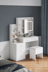 Living and Home Dressing Table and Stool Set with LED Mirror and Built-in Electrical Outlet in White - thumbnail 3