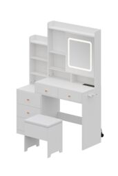Living and Home Dressing Table and Stool Set with LED Mirror and Built-in Electrical Outlet in White - thumbnail 6