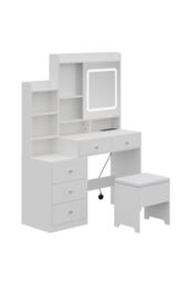 Living and Home Dressing Table and Stool Set with LED Mirror and Built-in Electrical Outlet in White - thumbnail 4