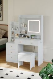 Living and Home Dressing Table and Stool Set with LED Mirror and Built-in Electrical Outlet in White - thumbnail 2