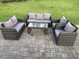 Fimous 7 Seater Dark Grey PE Rattan Garden Furniture Set Reclining Chair Love Seat 3 Seater Sofa Set Coffee Table - thumbnail 1