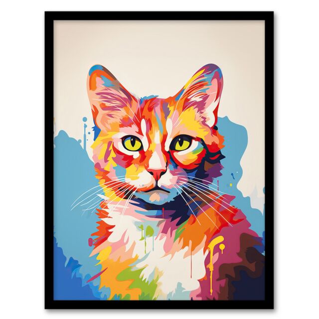 "Artery8 Wall Art Print Ginger Cat Lover Gift Pet Portrait Colourful Artwork Painting Art Framed - Size: W12"" x H16""" - image 1