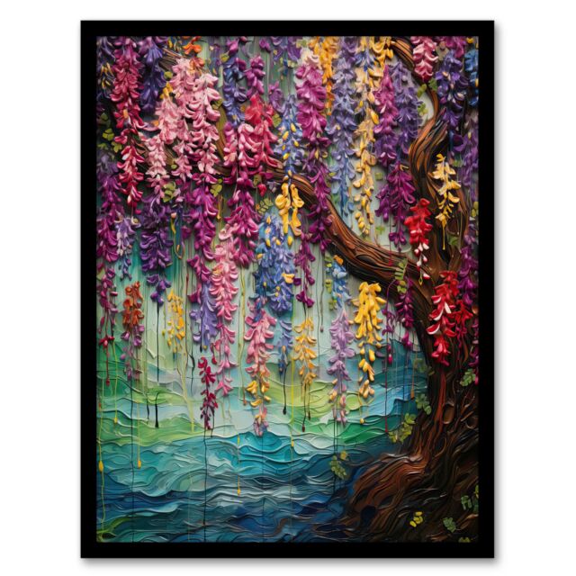 "Artery8 Wall Art Print Colourful Cascading Wisteria Over Riverbank Heavy Oil Painting Art Framed in Black - Size: W12"" x H16""" - image 1