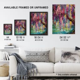 "Artery8 Wall Art Print Colourful Cascading Wisteria Over Riverbank Heavy Oil Painting Art Framed in Black - Size: W12"" x H16""" - thumbnail 3