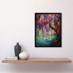 "Artery8 Wall Art Print Colourful Cascading Wisteria Over Riverbank Heavy Oil Painting Art Framed in Black - Size: W12"" x H16""" - thumbnail 4