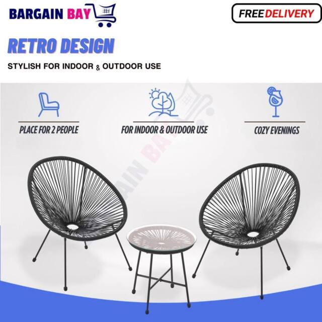 FLAVORA Black Set of 2 Chairs Egg Furniture 3PC String - Size: 0.6m2 - image 1