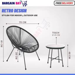 FLAVORA Black Set of 2 Chairs Egg Furniture 3PC String - Size: 0.6m2 - thumbnail 2