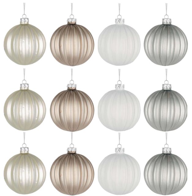Shatchi Christmas Glass Baubles 12pcs Set - 8cm Pearl Champagne, White & Silver with 4 Elegant Designs - image 1